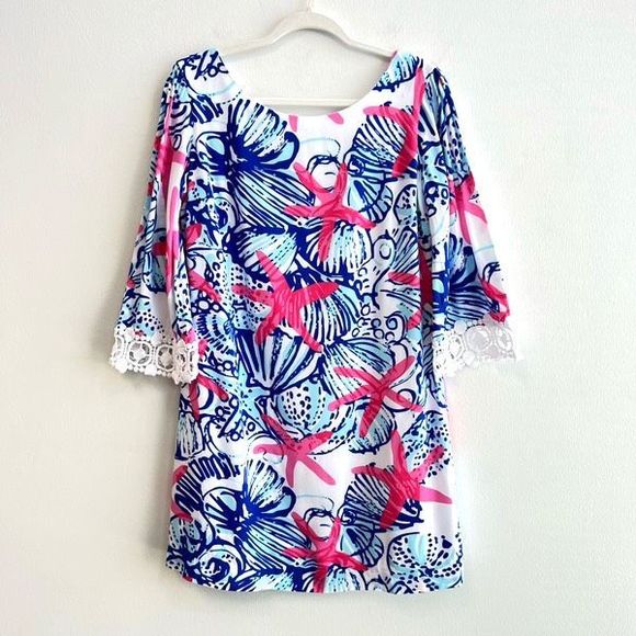Lilly Pulitzer Dresses & Skirts - Lilly Pulitzer Women’s Large Pink Blue Lace Trim Starfish Sea Dress Midi